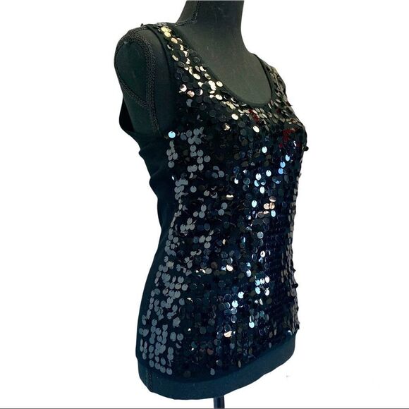 Cleo Black shiny sparkly sequin stretchy knit tank top evening blouse size M - Picture 4 of 11